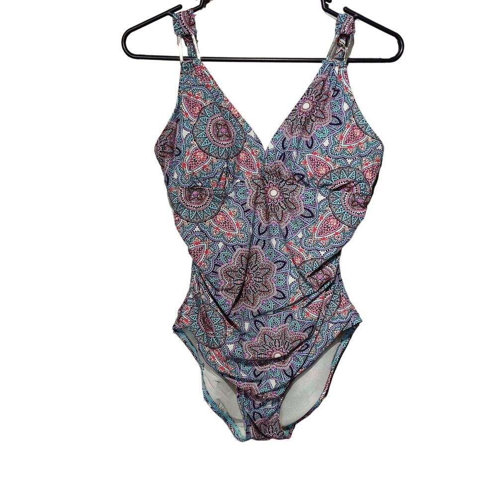 Assets by Spanx Women's Sz M Medallion Print Buckle One Piece Slimming Swimsuit